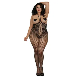Open Cup Open Crotch Bodystocking w/Knitted Lace Teddy Design Black QN