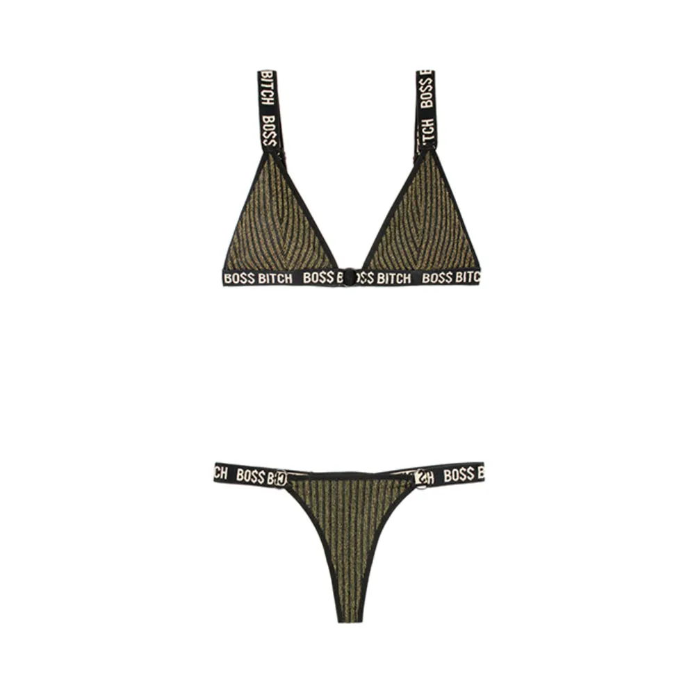 Vibes Boss Bitch Bra/panty Gold Ring Blk Lxl